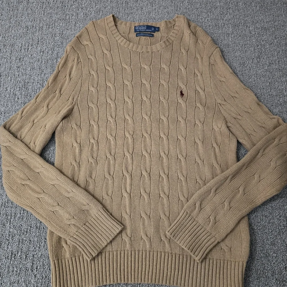 VTG Polo Ralph Lauren Mens L Cable Knit Sweater Tan 100% Cotton Crewneck Preppy